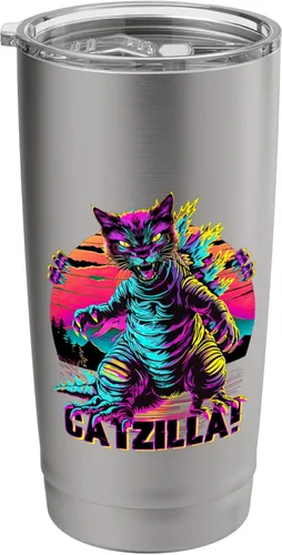 Vista 9 de Streetwear Synthwave 80s 90s Catzilla Cat Japanese teen Stainless Steel Insulated Tumbler Black