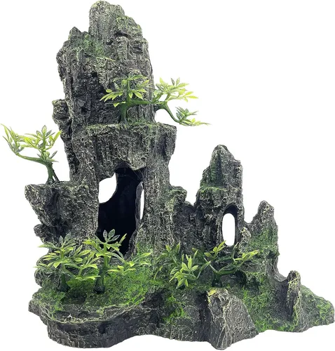 Vista 10 de Adorno de piedra para acuario con vista a la montaña, árbol de cueva de roca, decoración de acuario para peceras para peceras pequeñas, 7.5 pulgadas