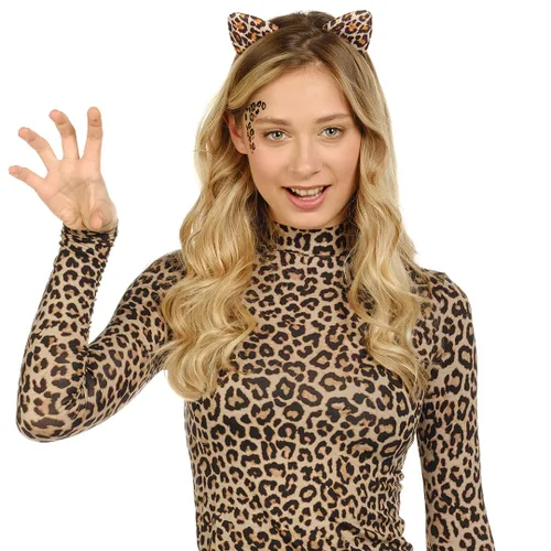 Vista 3 de Funcredible Diadema de orejas de leopardo con tatuajes diadema de guepardo con tatuaje temporal accesorios de disfraz de Halloween para adultos