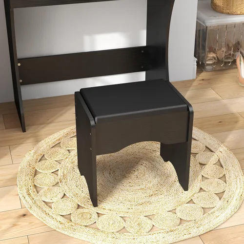 Vista 6 de Panana Escritorio de tocador con espejo y luces, negro, tamaño mediano, soporte de mesa, mesa de tocador de maquillaje con taburete, dormitorio