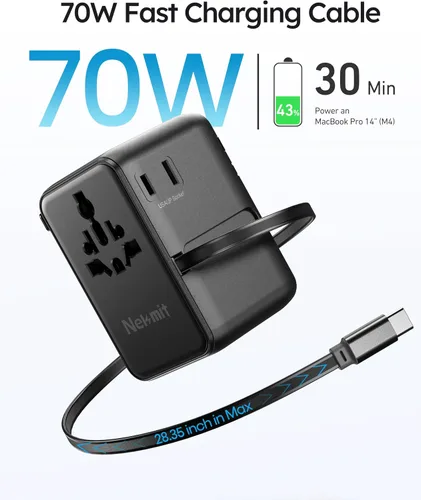 Vista 4 de Adaptador de viaje universal de 70 W, adaptador de corriente internacional Nekmit con cable de carga rápida USB C retráctil, enchufe de viaje de 6