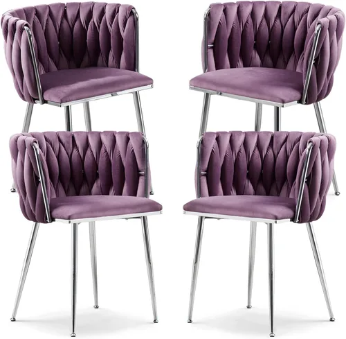 Vista 39 de Juego de 2 sillas de comedor de terciopelo, sillas laterales tapizadas tejidas con patas de metal negro, sillas decorativas modernas, sillas