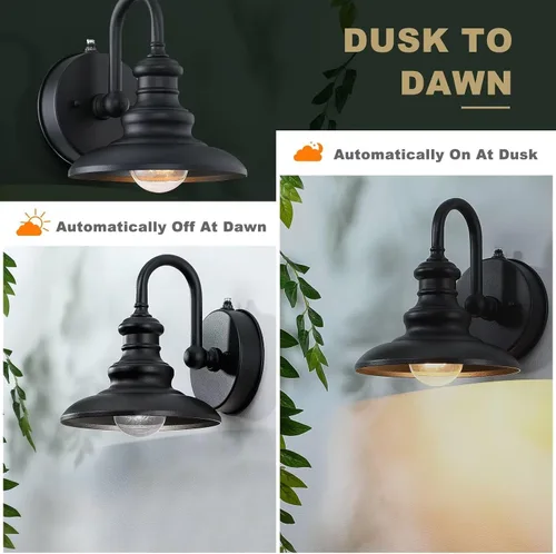 Vista 2 de LONEDRUID Aplique de Pared Exterior con Sensor de Anochecer a Amanecer Negro Luminarias de Granero con Cuello de Ganso Impermeables de Estilo Granja