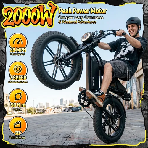 Vista 2 de Electric Bike for Adults,2000W Peak,20"x4"Fat Tire,48V Removable Battery 2-Negro carbón
