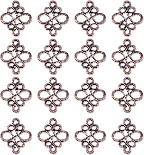 Vista 4 de 50 piezas de eslabones colgantes de nudo chino tibetano rojo cobre doble bucles vintage filigrana hueco encanto conectores 0.866x0.728 in