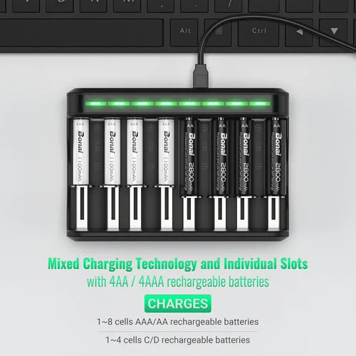 Vista 2 de BONAI Juego de cargador de baterías recargables AA AAA, paquete de 4 baterías AA de 2800 mAh y 4 unidades de 1100 mAh AAA NiMH con cargador