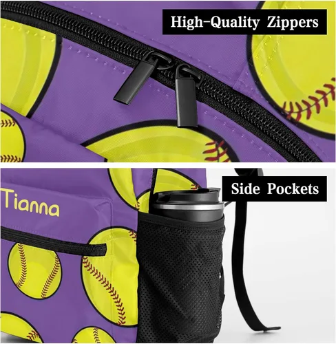 Vista 6 de Mochilas moradas de sóftbol y béisbol personalizadas con nombre, bolsa diaria para adultos para deportes al aire libre, Personalizado 1, 12.2"(L) x