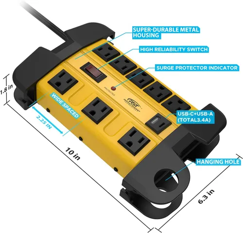 Vista 4 de CRST - Regleta de protección contra sobretensiones resistente de 8 salidas con USB-C, certificación ETL Metal Industrial Power Bar with 15A