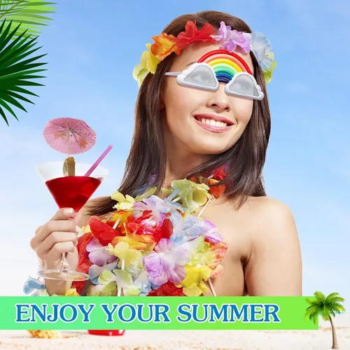 Vista 7 de Flutesan 3 pares de divertidos lentes hawaianos Luau, lentes de sol tropicales de playa, piña, arco iris, nube, dona, para niños, regalos de fiesta