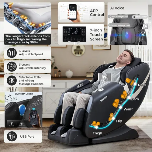 Vista 3 de 2025 Silla de masaje corporal completa, silla de masaje Shiatsu de gravedad cero con control de APP de IA, rodillo de pie, calentamiento de espalda