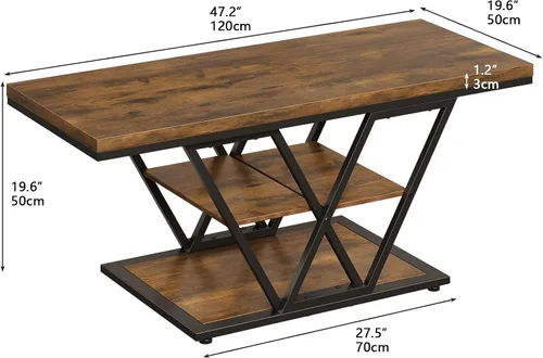Vista 2 de Espelism Mesa de centro industrial con almacenamiento de 3 niveles para sala de estar, mesa rectangular de madera para cóctel, mesa de té rústica