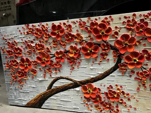 Vista 9 de YaSheng Art - Pintura al óleo pintada a mano sobre lienzo Textura Paleta Cuchillo Pinturas Flores Rojas Pinturas Modernas Decoración del Hogar