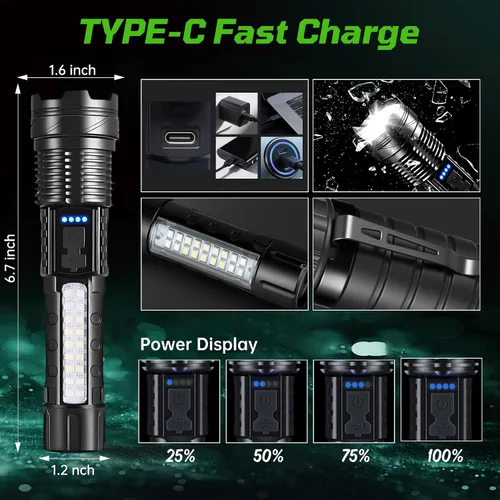 Vista 4 de Linternas Recargables de Alto Lumen, Linterna Recargable de 7 Modos, Linterna LED Súper Brillante con Luz Táctica Ajustable, Linterna de Mano