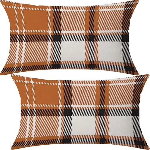 Vista 19 de AOFANGGO - Juego de 2 fundas de almohada de otoño decorativas de 16x16 pulgadas. Fundas de almohada de cuadros naranja y gris, cojines de lino
