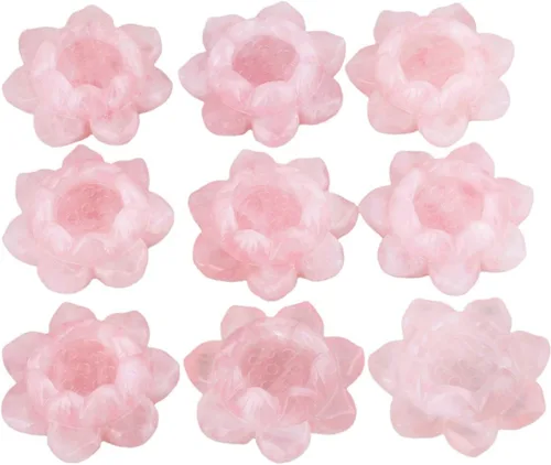 Vista 6 de SUNYIK Escultura de figura de flor de loto de piedra tallada a mano, decoración de soporte de bola de cristal curativo natural, cuarzo rosa, 2