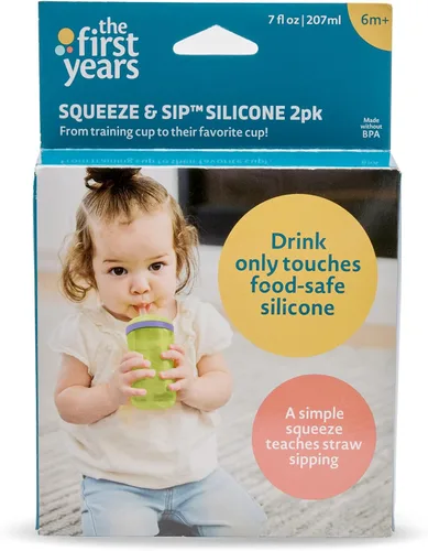 Vista 7 de The First Years Squeeze & Sip - Vaso con popote de silicona, color verde y morado Spill-Proof Toddler Training Cups, Dishwasher Safe, 7 oz, 2