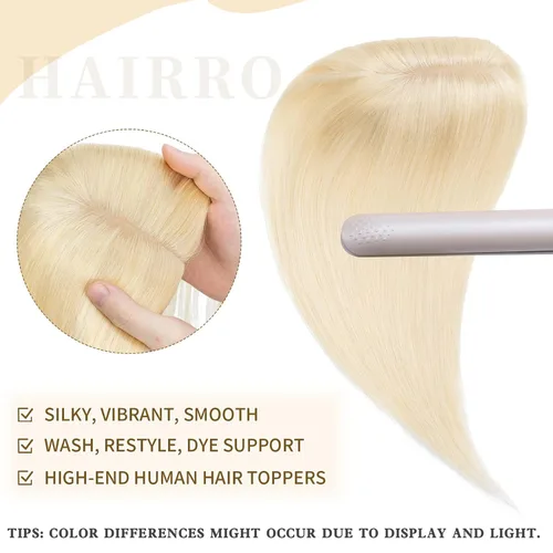 Vista 2 de Hairro Toppers de cabello humano 100% real para mujeres sin flequillo, postizos de cabello real con clip, base de seda transpirable para cubrir
