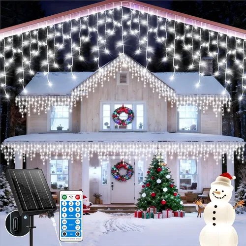 Vista 9 de Luces de carámbano solares para exteriores, 25+5M 800 luces de carámbano de Navidad, 8 modos, luces de cadena decorativas impermeables