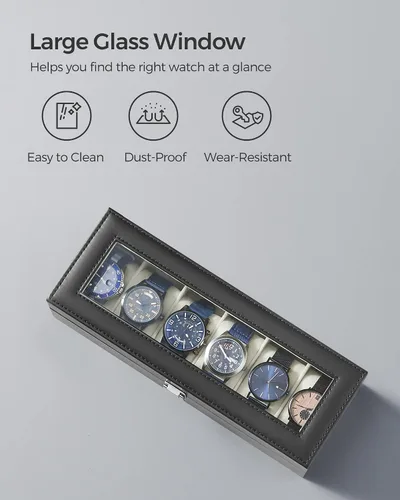 Vista 4 de SONGMICS Caja de reloj caja de reloj de 6 ranuras con tapa de cristal grande almohadas de reloj extraíbles organizador de caja de reloj regalo