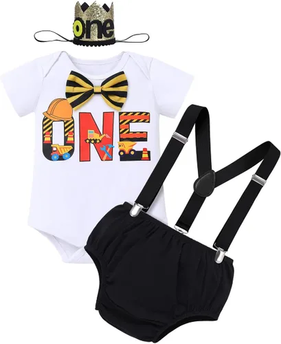 Vista 8 de IMEKIS Conjunto de ropa para bebé niño con estampado de pastel de 1er cumpleaños con corbatín + tirantes + pantalones cortos + corona de baloncesto