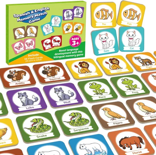 Vista 8 de Edulok Juego de tarjetas de memoria, juego de partidos para niños pequeños, aprender español para niños, tarjetas flash bilingües, juguetes
