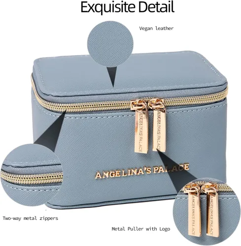 Vista 2 de Angelinas Palace Estuche organizador de joyas regalos de dama de honor bolsa de viaje caja de cuero vegano para collar aretes pulsera anillo azul