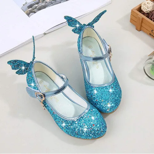 Vista 2 de Zapatos brillantes de mariposa Mary Jane para niñas y niñas, zapatos de fiesta de boda con purpurina para damas de honor, tacones bajos, zapatos