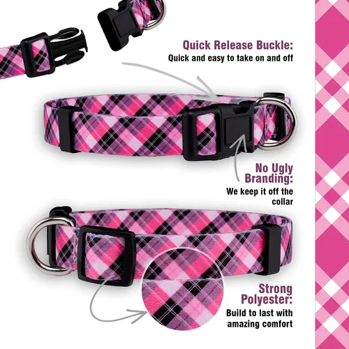 Vista 4 de Native Pup Collar de perro a cuadros, leñador rojo, tartán, azul, rosa, ajustable para perros grandes y pequeños (rosa, pequeño)