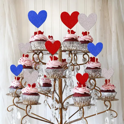 Vista 3 de 30 piezas de decoración para cupcakes con diseño de corazón con purpurina para cupcakes, boda, compromiso, despedida de soltera, decoración de Azul