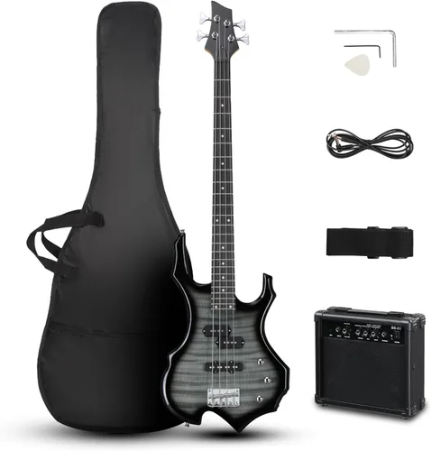 Vista 11 de Ktaxon - Kit de bajo eléctrico, tamaño completo, diseño de llama, color negro Full Equipment with 20 Watt Amplifier, Portable Bass Bag, Superior