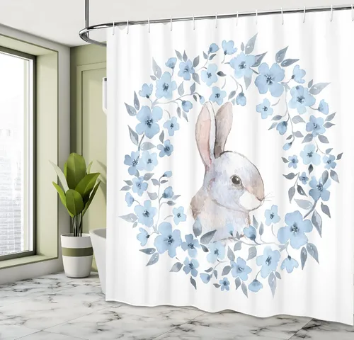 Vista 4 de Ambesonne Home sets de cortinas de baño con ganchos Blanco y gris