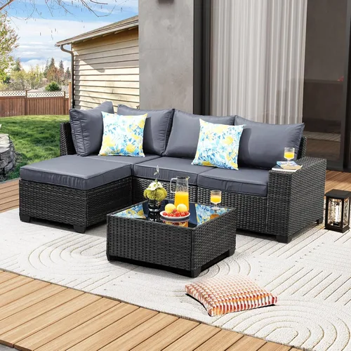 Vista 9 de JOYURE Juego de muebles de patio de 5 piezas, para todo tipo de clima, para exterior, sofá seccional de mimbre, sofá de ratán para patio con cojín