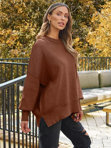 Vista 41 de Lillusory - Suéter extragrande con mangas de murciélago y cuello redondo para mujer, prenda moderna de otoño de tejido de punto sin botones