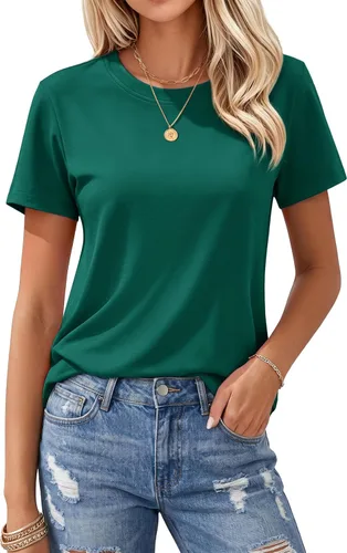 Vista 8 de MAGCOMSEN Camisetas de algodón para mujer de manga corta con cuello redondo, camisetas de ajuste clásico y transpirables de verano a1-Negro