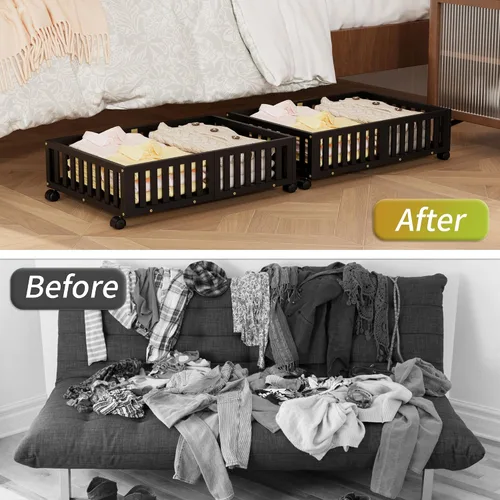 Vista 6 de Almacenamiento de bambú debajo de la cama con ruedas, caja organizadora de zapatos rodante debajo de la cama para zapatos, mantas, juguetes