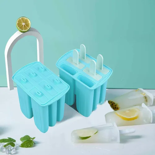 Vista 7 de Moldes de silicona para paletas con palillos, 6 cavidades, molde para helado con cepillo limpio, 6 palitos reutilizables, 50 palitos, 50 bolsas Azul