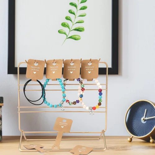 Vista 5 de joycraft 100 tarjetas autoadhesivas para pulseras, papel kraft hecho a mano con tarjetas en blanco de amor, embalaje de joyería para vender