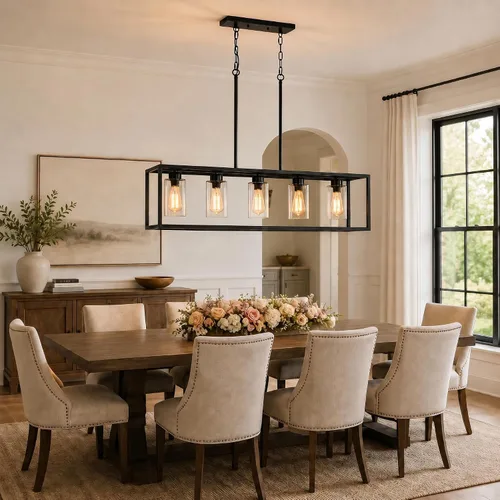 Vista 7 de Lámpara de comedor negra de 5 luces, candelabros modernos de granja, iluminación rectangular lineal para isla de cocina, iluminación colgante