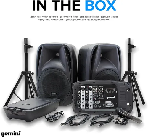Vista 6 de Gemini ES-210MXBLU con bluetooth, sistema PA portable con mezclador de alimentación desmontable. Dual 10" PA with tripod stands - 6-channel