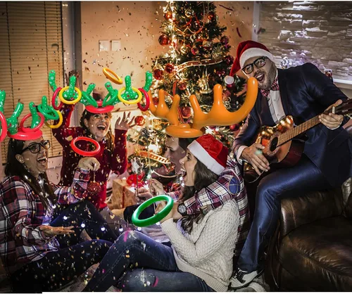 Vista 5 de 4 juegos de juego inflable de Navidad de cuernos de reno con anillos para lanzar, favores escolares, regalos de fiesta, suministros, juguetes