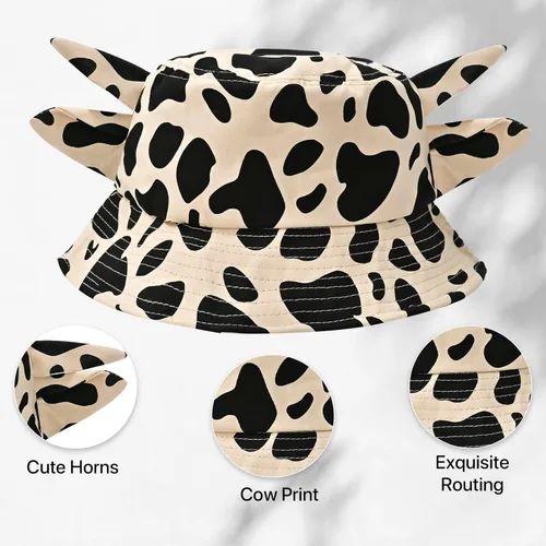 Vista 16 de Sombrero de pescador con estampado de vaca con orejas de cuerno lindas con estampado de vaca, sombrero de sol de playa de verano, sombrero