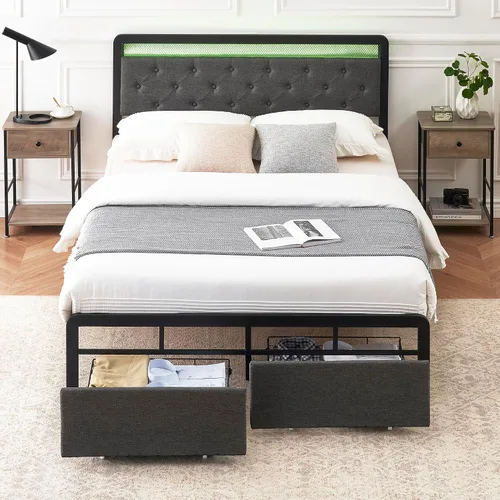 Vista 3 de Base de cama Queen con 2 cajones de almacenamiento, cabecera capitonada con botones y luces LED, cama de plataforma tapizada con almacenamiento