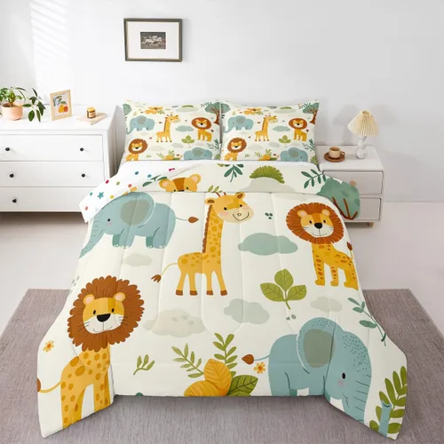 Vista 4 de Feelyou Juego de edredón de animales de la selva para todas las estaciones, juego de ropa de cama con 1 funda de almohada de microfibra de elefante
