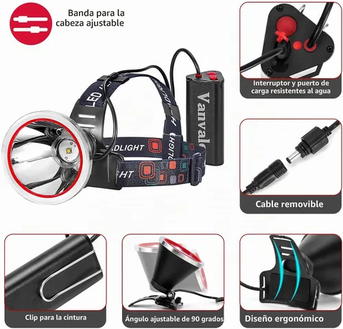 Vista 2 de Linterna frontal LED recargable súper brillante, luz frontal resistente al agua IPX4 con cargador, linterna ultra brillante lámpara de caza
