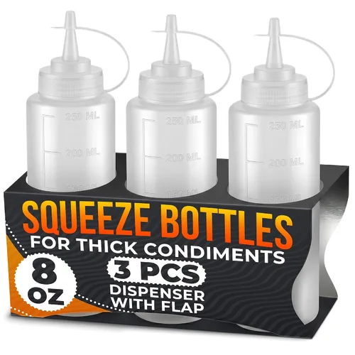 Vista 16 de 6 botellas de plástico para salsas de 4 onzas (4.1 fl oz), juego de botellas reutilizables pequeñas con punta fina cortable, para barbacoa, picnic
