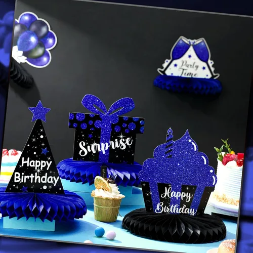 Vista 7 de Yexiya 8 piezas de centro de mesa de cumpleaños azul y negro, centros de mesa de panal de abeja de feliz cumpleaños, centros de mesa de panal