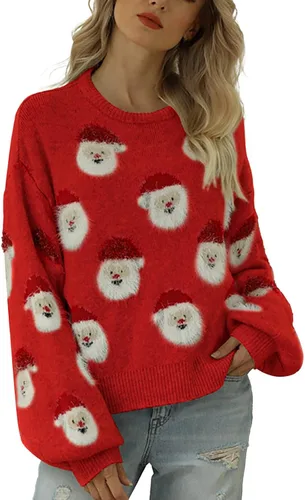Vista 7 de iLH Suéter de Navidad para mujer, lindo suéter de punto con cuello redondo y diseño de Papá Noel