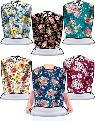 Vista 9 de Eurzom Paquete de 6 baberos para adultos para mujeres y hombres mayores, baberos reutilizables para adultos para comer con recogedor de migas