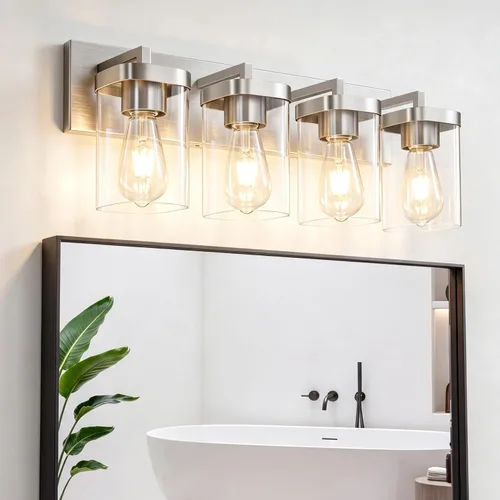 Vista 12 de Lámparas de baño de 3 luces sobre espejo, luces de tocador de níquel cepillado con pantalla cuadrada de vidrio transparente. Moderna lámpara