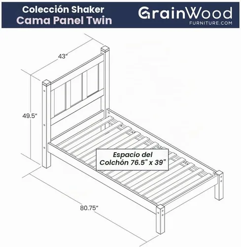 Vista 2 de Grain Wood Furniture - Cama plataforma de panel de madera maciza Shaker, tamaño individual, cereza